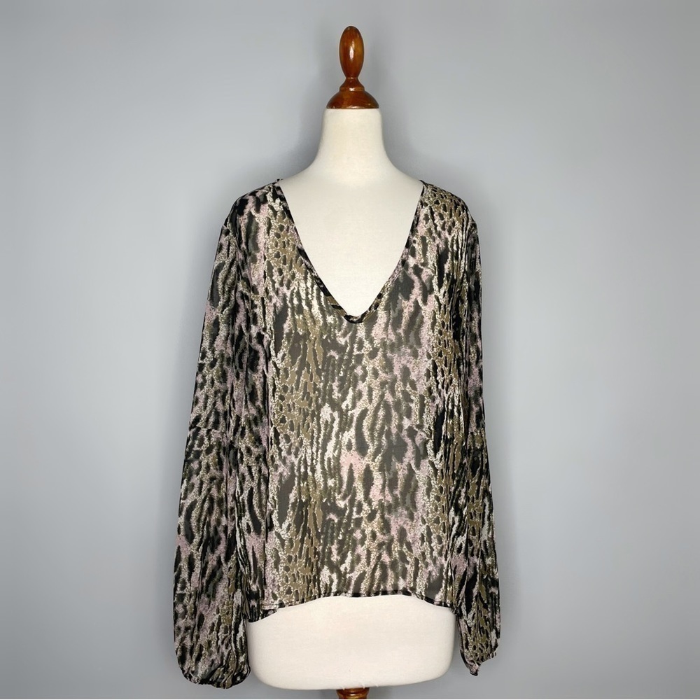 For Love And Lemons Sheer Long Sleeve Top Small V-Neck Dusty Animal Print Size S
